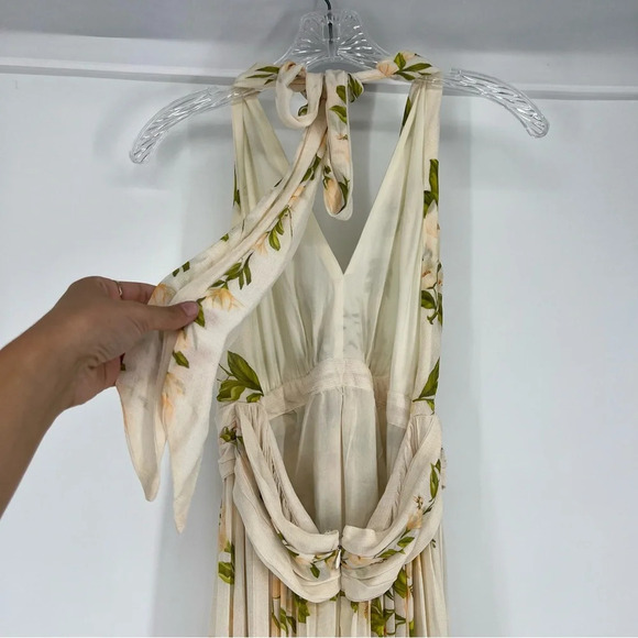 Farm Rio Cream Floral Boho V Neck Tie Back Adjustable Halter Maxi Dress Gown M - Picture 8 of 12